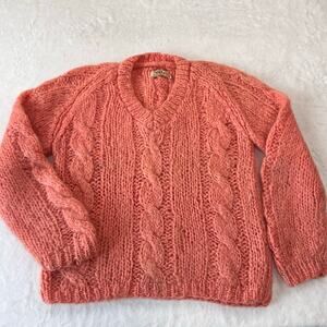 Vintage Cable Knit Mohair Wool Orange V-Neck Sweater Women's size Medium 1970's